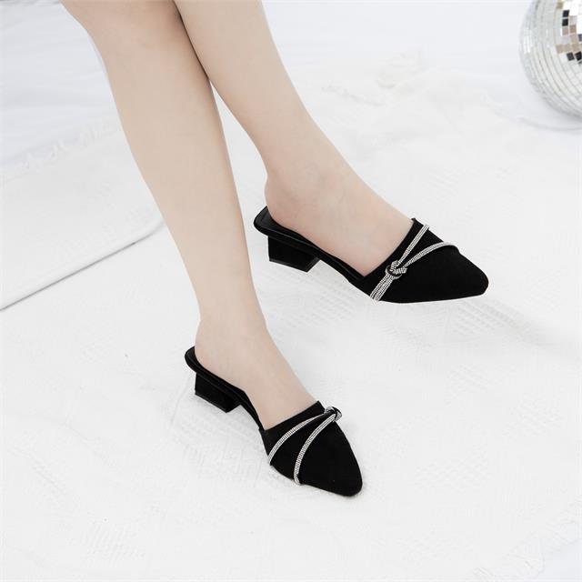 Giày sục cao gót MWC NUCG- 4206 Sục Cao Gót Phối Dây Đá Sang Chảnh Được Thắt Cách Điệu,Gót Vuông Thời Trang