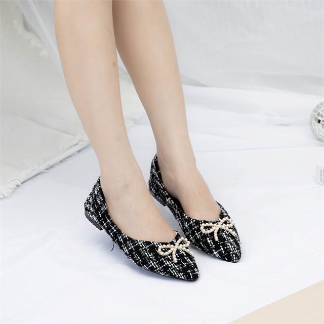 Giày Búp Bê MWC - 2221 Giày Búp Bê Dạ Caro Mũi Nhọn Basic Đính Nơ Ngọc Trai Sang Trọng Thời Trang
