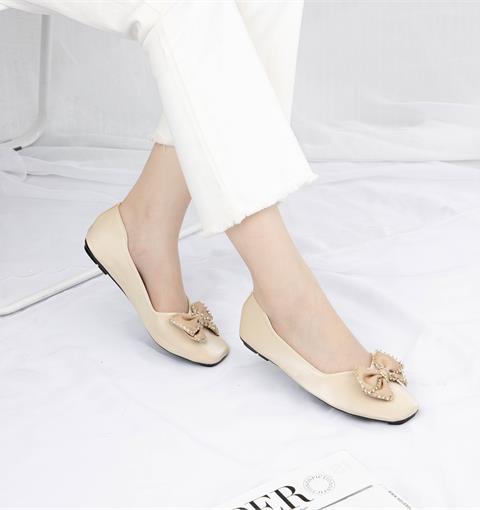 Giày Búp Bê MWC - 2235 Giày Búp Bê Mũi Vuông Đính Nơ Bảng To Phối Đá Sang Trọng Thời Trang