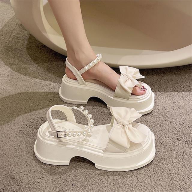 Giày Sandal Nữ MWC - 2932 Sandal Đế Bánh Mì Cao 5cm Siêu Hack Dáng Quai Ngang Đính Nơ Tiểu Thư ,Quai Hậu Đính Hạt Sang Chảnh