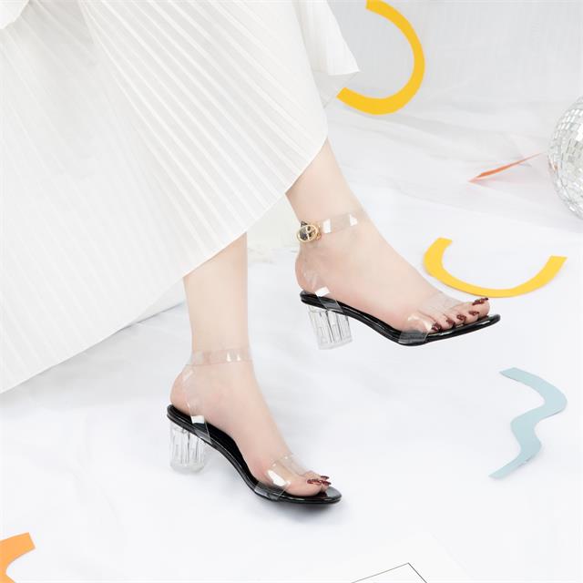 Giày Sandal Cao Gót MWC - 3740 Sandal Cao Gót Quai Ngang Trong Suốt Gót Vuông Thủy Tinh 5cm Thời Trang 