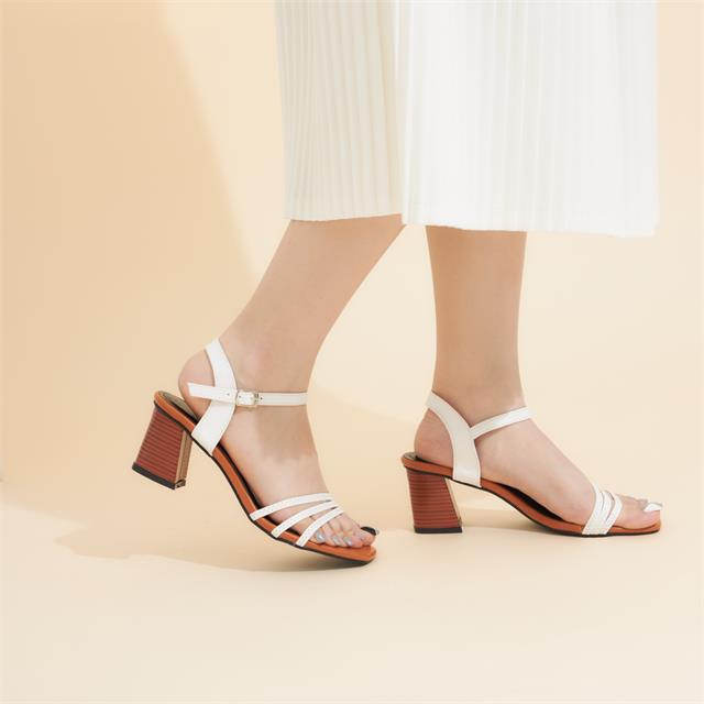 Giày Cao Gót MWC - 4382 Sandal Cao Gót Quai Ngang Mảnh Viền Chỉ Phối Quai Hậu Gót Vuông Vân Gỗ 5cm Thời Trang 