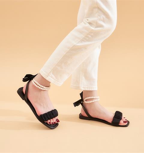 Giày Sandal Nữ MWC 2985 - Sandal Quai Nữ Ngang Nhún Cách Điệu, Sandal Đế Bệt, Quai Hậu Kết Ngọc Trai Thanh Lịch, Thời Trang.