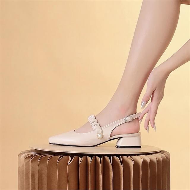 Giày cao gót MWC - 4216 Cao Gót Nữ Mũi Tròn Phối Quai Nhún Cách Điệu Gót Vuông 5cm Kiểu Dáng Thanh Lịch