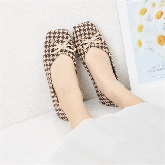 Giày Búp Bê MWC - 2253 Giày Búp Bê Caro Mũi Vuông Đính Nơ Xinh Xắn Sang Trọng Thời Trang