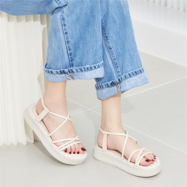 Giày sandal nữ MWC NUSD- 2446 Sandal Quai Tròn Mảnh Ngang Phối Chéo Cách Điệu Đế Bằng Cực Thời Trang