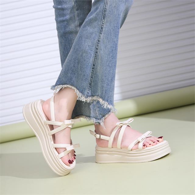 Giày sandal Nữ MWC 2490 - Sandal Nữ Quai Mảnh Đính Nơ Cách Điệu, Sandal Đế Bánh Mì Cao 7cm Thanh Lịch, Thời Trang.