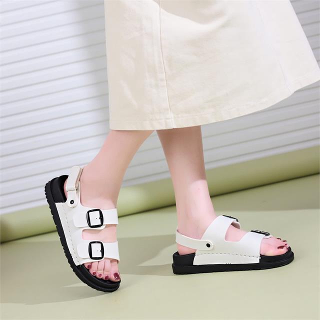 Giày sandal nữ MWC - 2959 Sandal Nữ 2 Quai Ngang Phối Khóa Lót Dán Thời Thượng Mũi Tròn Basic Thời Trang