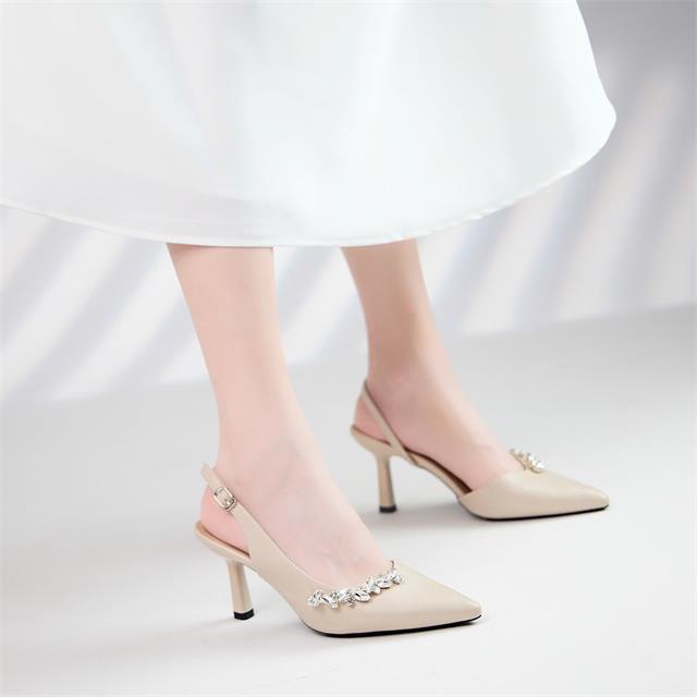 Giày Cao Gót MWC G091 - Giày Cao Gót Kiểu Dáng Slingback Bít Mũi Đính Đá Sang Chảnh, Cao Gót Đế Trụ Nhỏ Cao 7cm Thanh Lịch, Thời Trang.