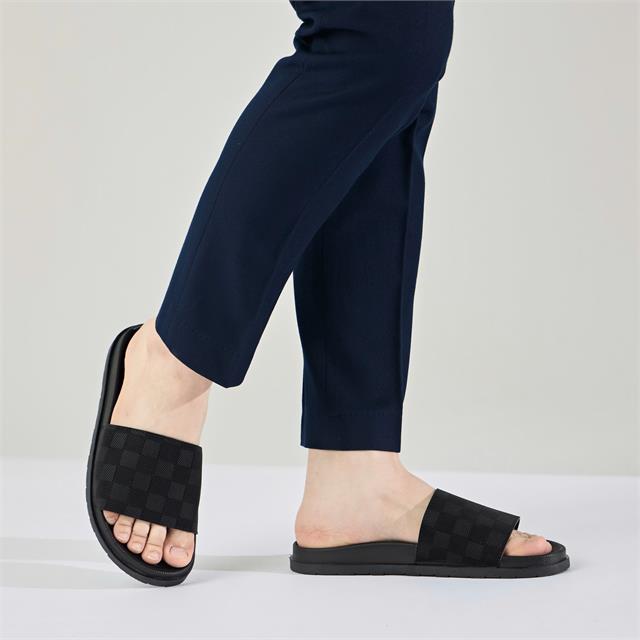 Dép Nam MWC 7952 - Dép Da Nam Dáng Slipper Quai Ngang Rộng Họa Tiết Caro Kẻ Sọc Siêu Bền Đẹp.