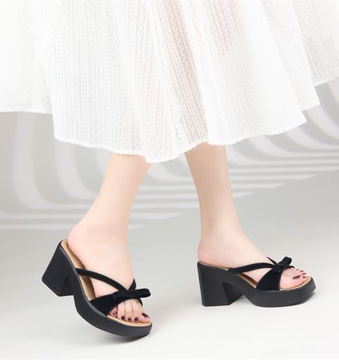 Giày Cao Gót MWC G221 - Guốc Đế Suồng Da Nhung Cao 8cm, Quai Kép Chéo Phối Nơ Duyên Dáng, Nữ Tính.