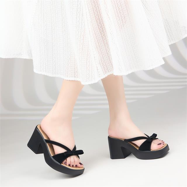 Giày Cao Gót MWC G221 - Guốc Đế Suồng Da Nhung Cao 8cm, Quai Kép Chéo Phối Nơ Duyên Dáng, Nữ Tính.