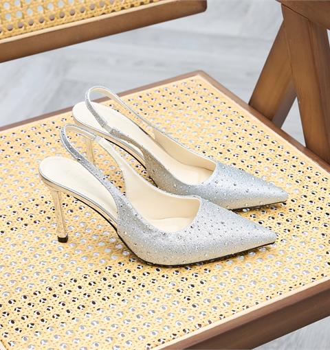 Giày Cao Gót MWC G265 - Giày Cao Gót Slingback Hở Gót, Mũi Nhọn Phủ Kim Tuyến Bạc Lấp Lánh Quyến Rũ, Sang Trọng.