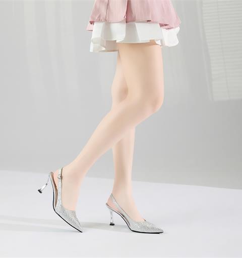 Giày Cao Gót MWC G299 - Giày Cao Gót Slingback Hở Gót, Bít Mũi Phủ Ánh Kim Bạc Lấp Lánh, Chuẩn Quý Cô Sang Trọng.