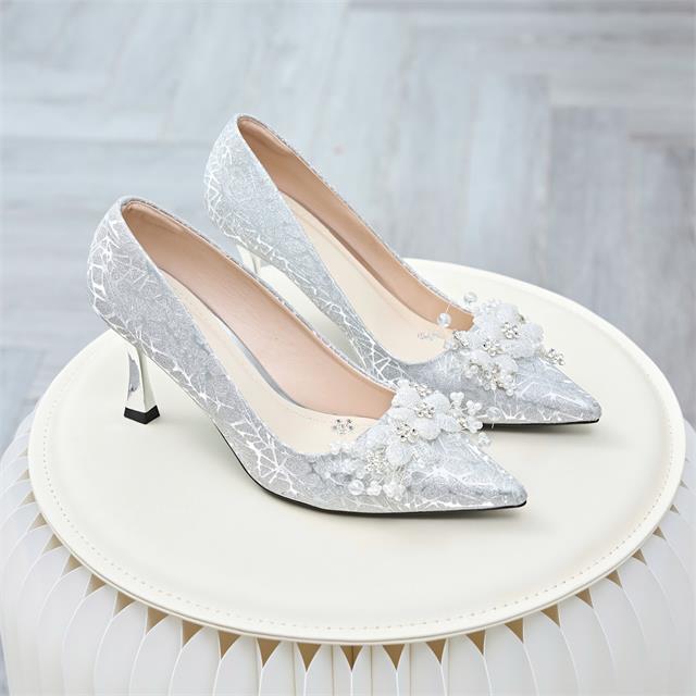 Giày Cao Gót MWC G314 - Giày Gót Trụ 8P, Mũi Nhọn Ánh Bạc Đính Hoa Pha Lê Sang Trọng, Nữ Tính, Thời Trang.