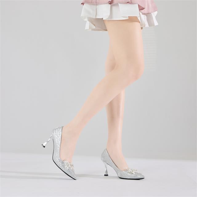 Giày Cao Gót MWC G314 - Giày Gót Trụ 8P, Mũi Nhọn Ánh Bạc Đính Hoa Pha Lê Sang Trọng, Nữ Tính, Thời Trang.