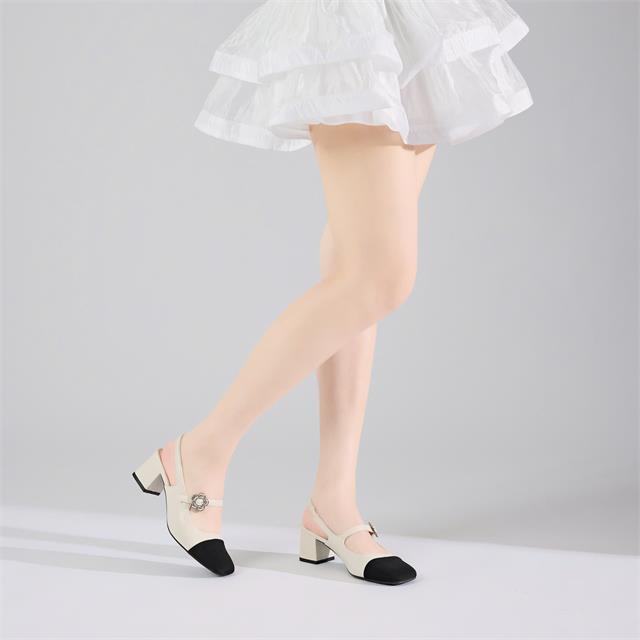 Giày Cao Gót MWC G045 - Giày Cao Gót 5cm, Mũi Vuông Phối Quai Cài Hoa Cúc Sang Chảnh, Thời Trang.