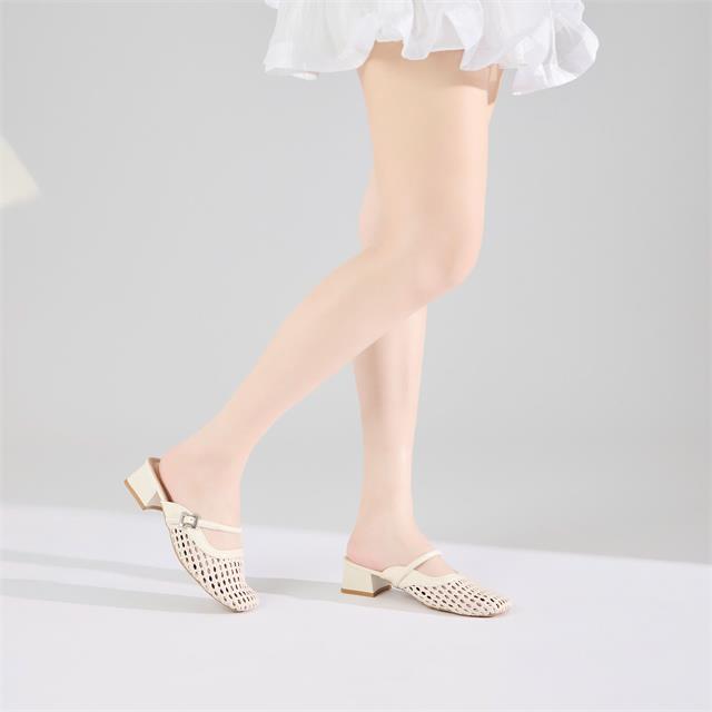 Giày Cao Gót MWC G375 - Dép Sục Nữ 4cm, Mũi Bo Tròn Hoạ Tiết Đan Giả Lưới Độc Đáo, Nữ Tính, Thanh Lịch.