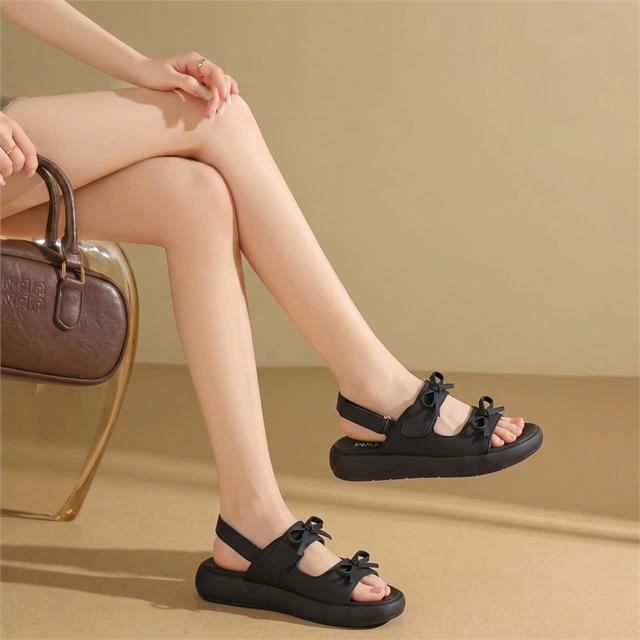 Sandal Nữ MWC E223 - Sandal Nữ Hai Quai Ngang Bản To Phối Nơ Nhỏ Xinh, Thanh Lịch, Bền Đẹp.